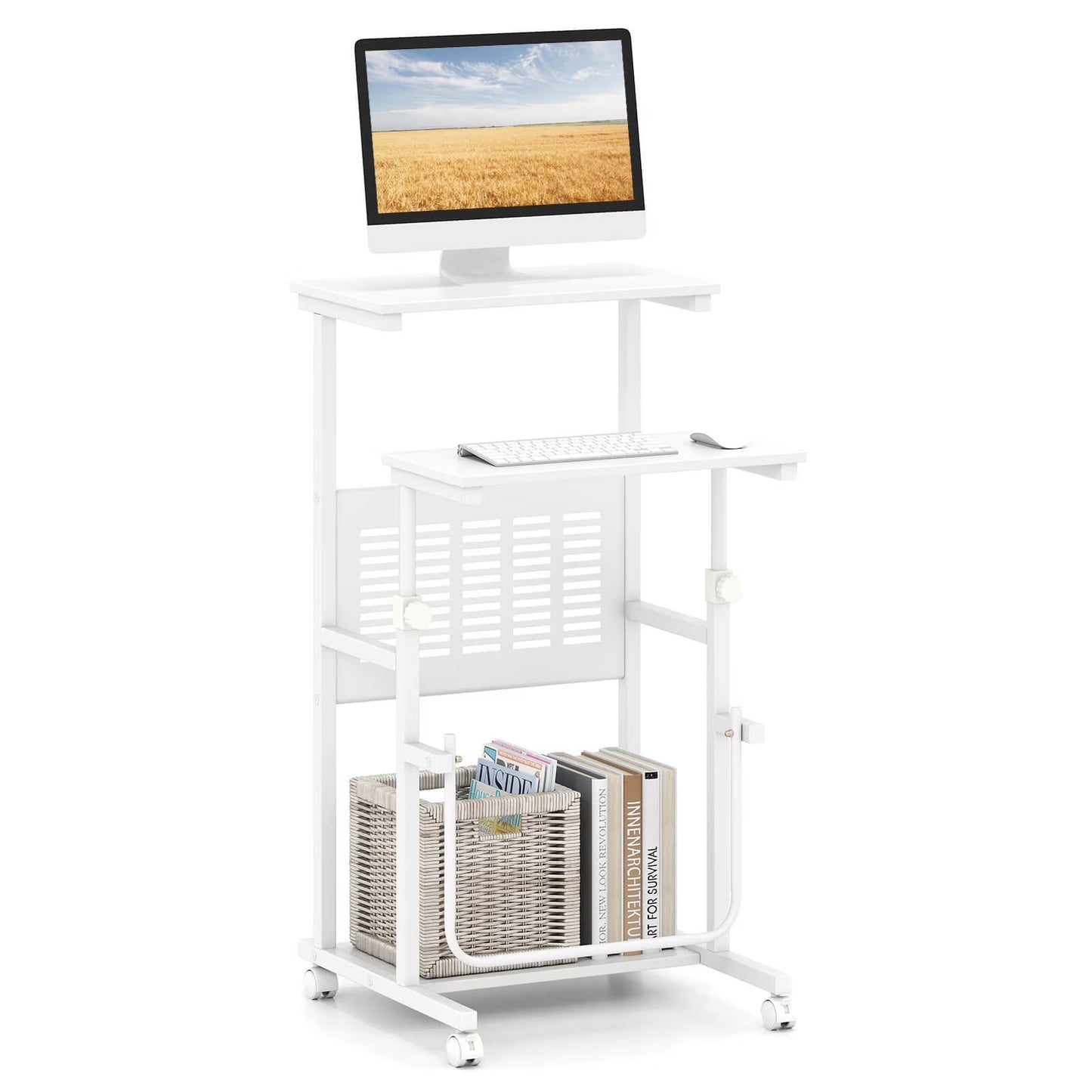 Adjustable Standing Desk with Footrest Mesh Panel Lockable Wheels Sit Home Office