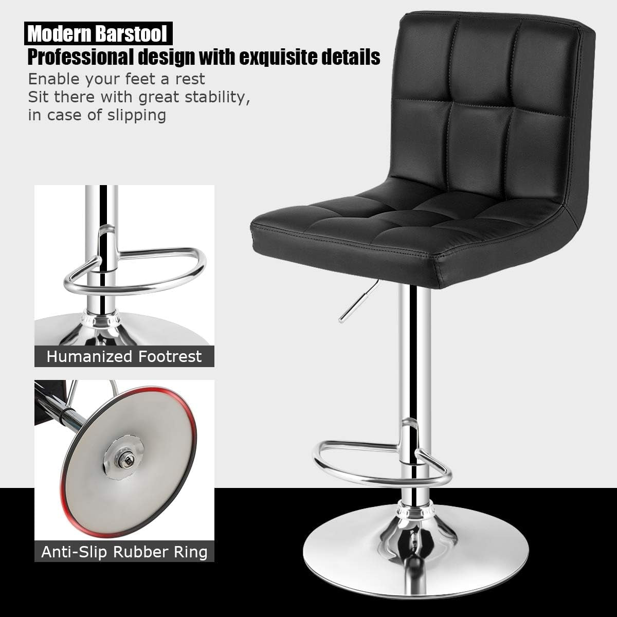 Adjustable Bar Stools Set of 2, Modern Swivel PU Leather Bar Chair with Backrest, Soft Cushioned Seat, Footrest, Sturdy Metal Frame, Comfortable Barstools for Kitchen Island, Pub, Black