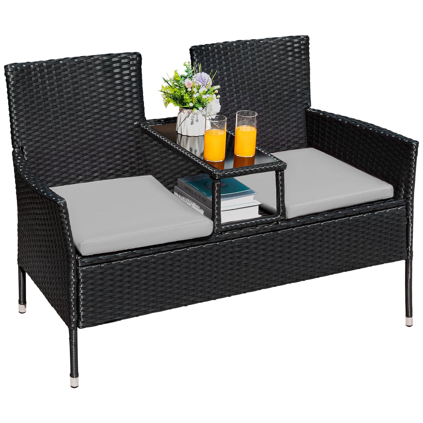 Outdoor Patio Loveseat Modern Rattan Patio Conversation Furniture Set with Cushions and Built-In Coffee Table Porch Furniture for Garden Lawn Backyard, Red