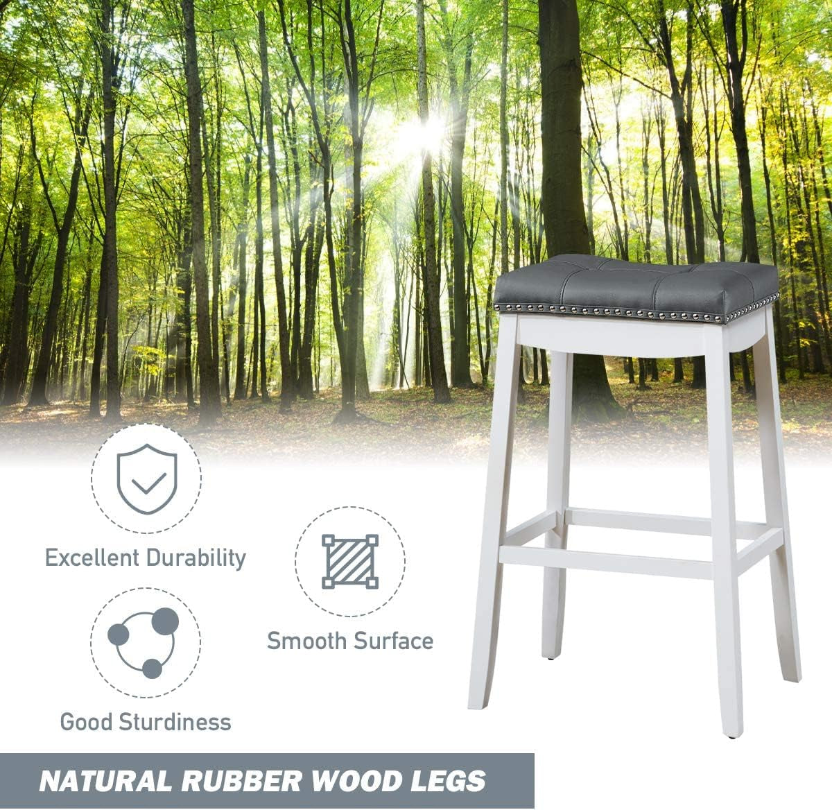 Bar Stools Set of 2, 29-Inch Height Backless Counter Stool with Footrest, Soft Seat Cushion, Wood Legs and Non-Slip Foot Pad, Saddle Stools for Home Kitchen Living Room, Stone Gray+White