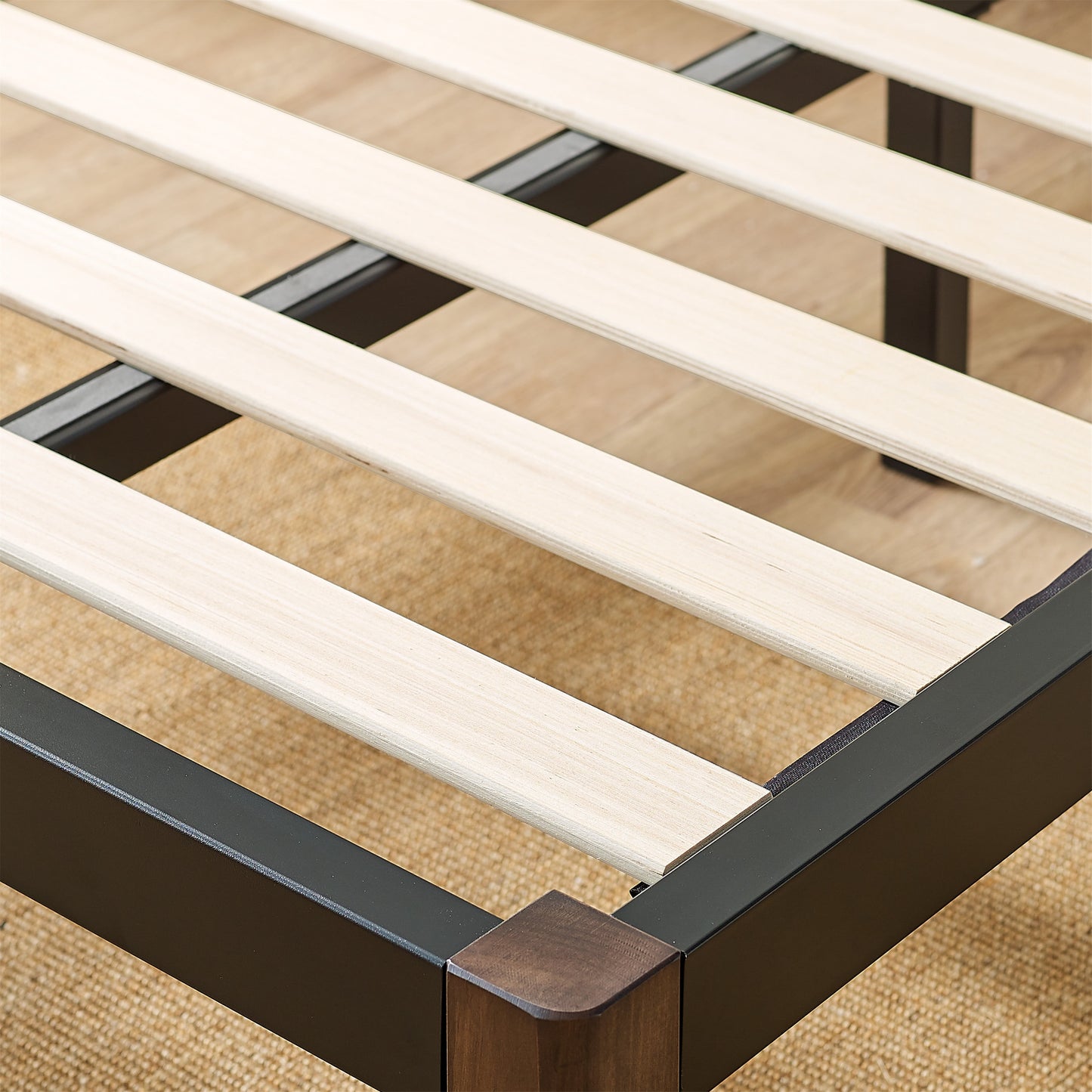 Queen 14" Metal Platform Bed Frame with Wood Slats, Storage Space under Frame, No Box Spring Required, Black/Wood