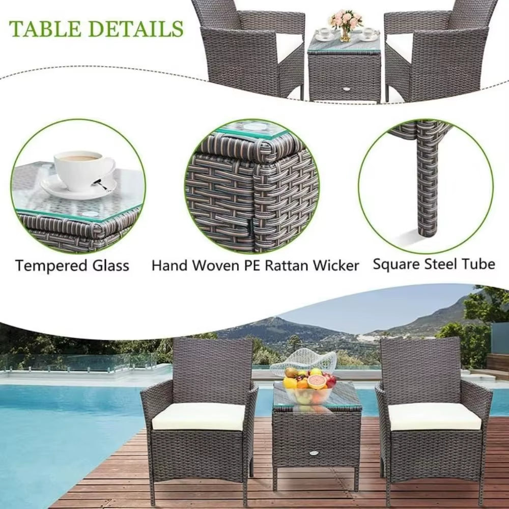 3 Pieces Patio Furniture Sets Outdoor Patio Chairs Set of 2 PE Rattan Wicker Chairs with Table for Garden Porch Lawn Poolside(B