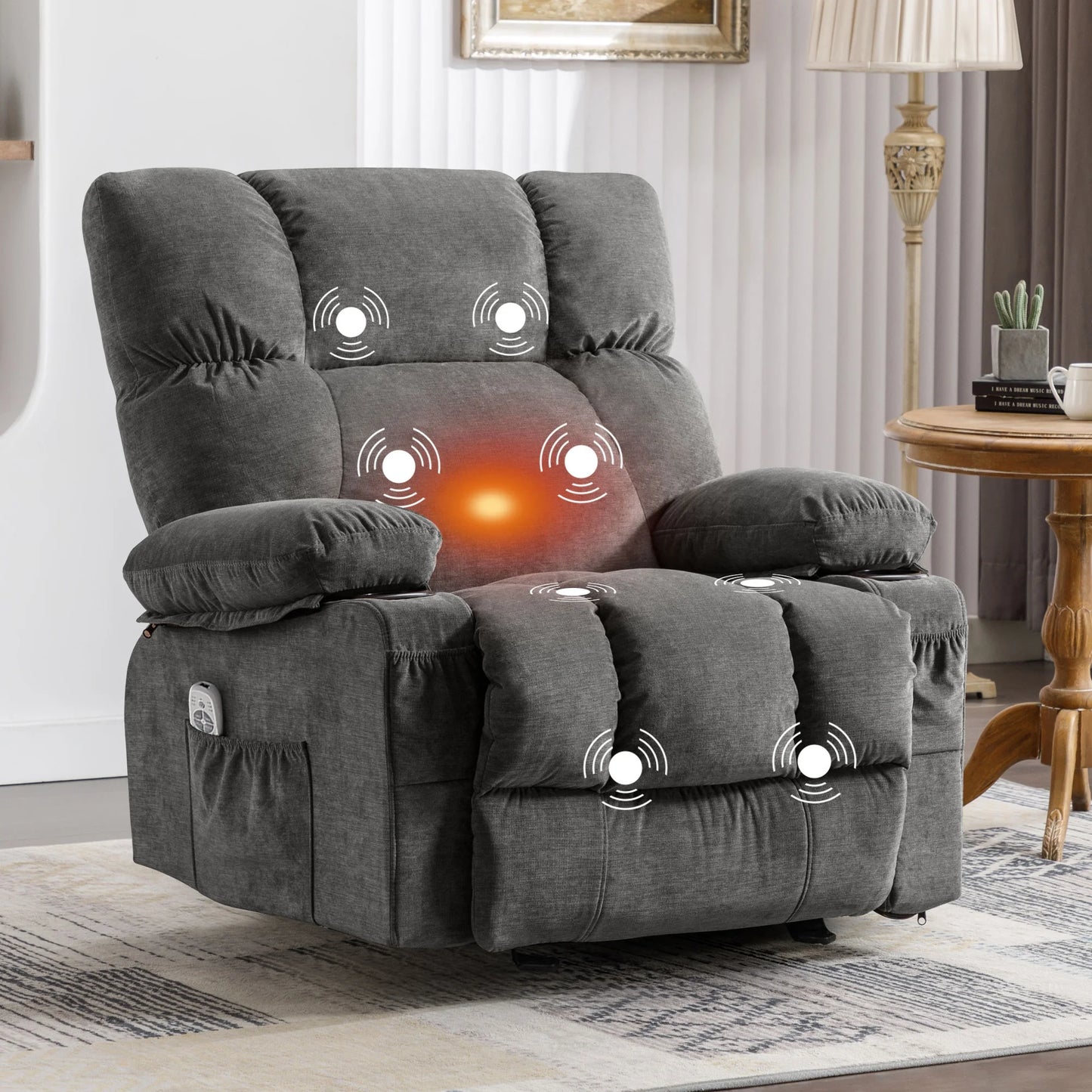 Massage Swivel Rocker Recliner Chair with Vibration Massage and Heat Ergonomic Lounge Chair for Living Room with Rocking Function and Side Pocket, 2 Cup Holders, USB Charge Port,Brown