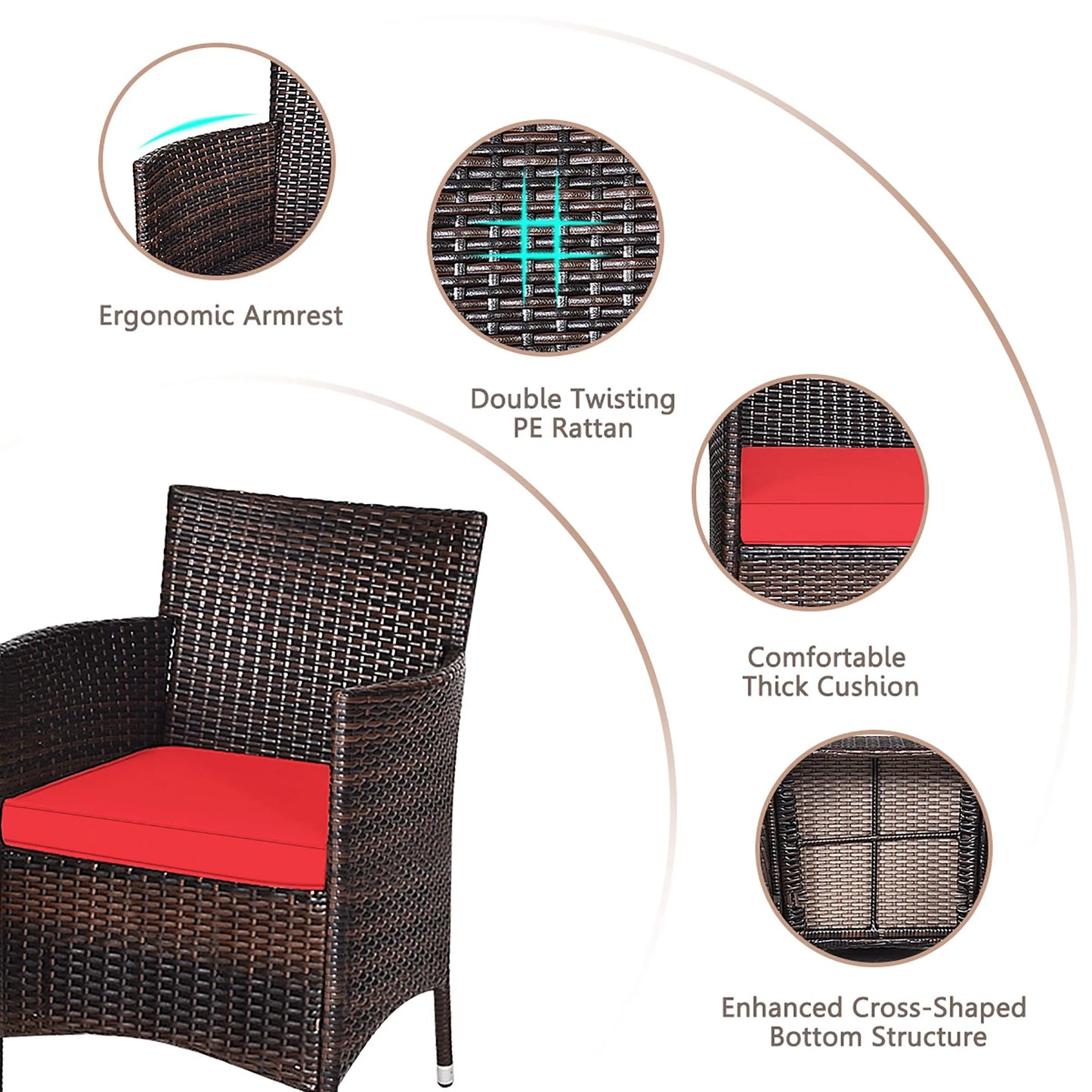 Outdoor 3 PCS PE Rattan Wicker Furniture Sets Chairs Coffee Table Garden Red