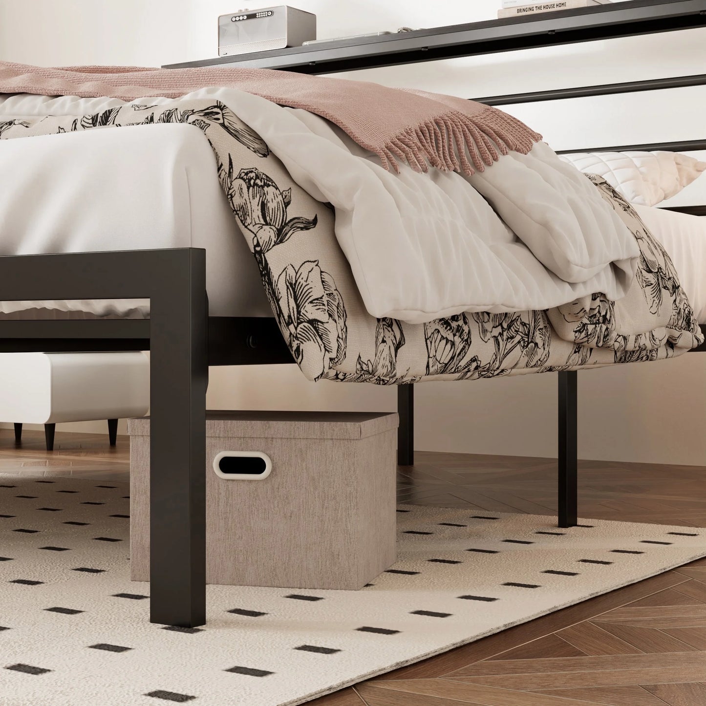 Twin Size Metal Platform Bed Frame with Black Shelf Headboard & Storage, Adult