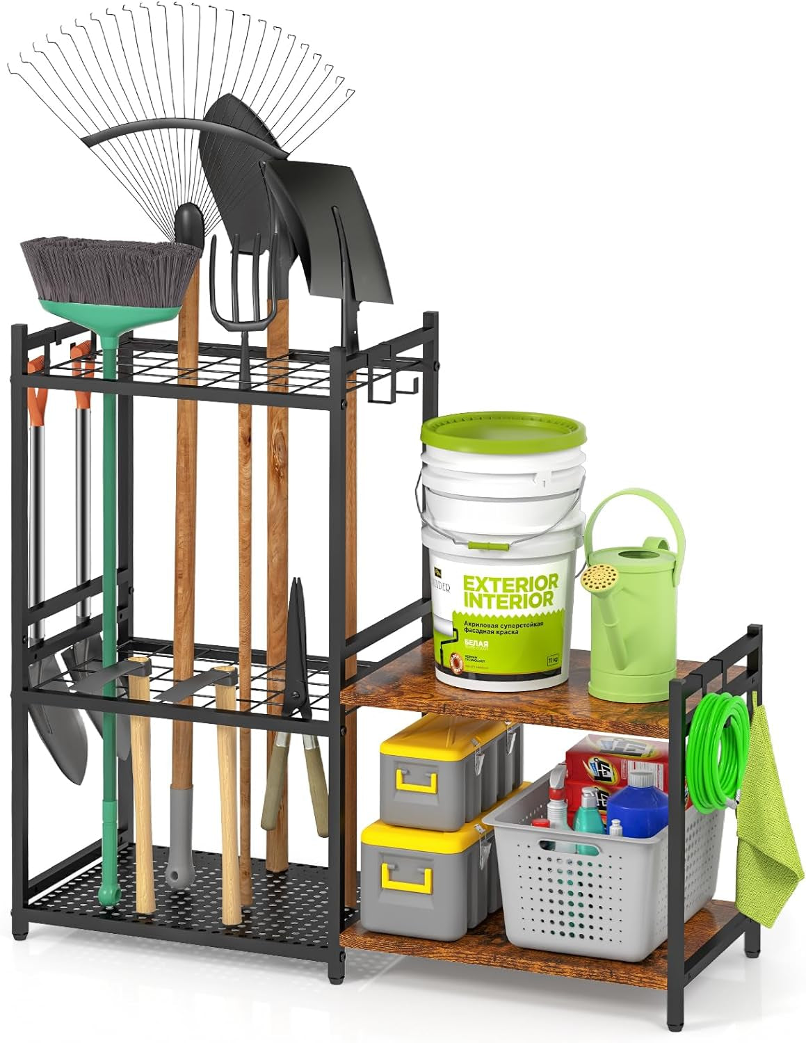Garage Tool Organizer with 2-Tier Wooden Shelves, Yard Tool Organizer for Garage