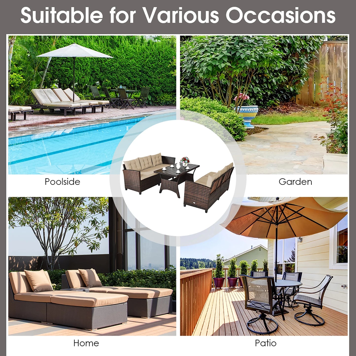 3PCS Rattan Dining Set Patio Furniture 6 Seats Sofa Cushioned
