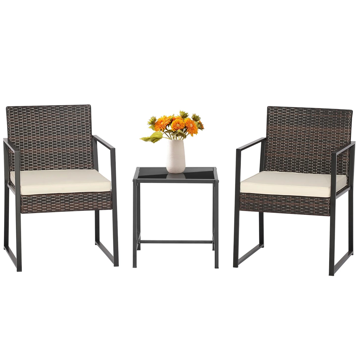 3Pcs Patio Furniture Set Heavy Duty Cushioned Wicker Rattan Chairs Table