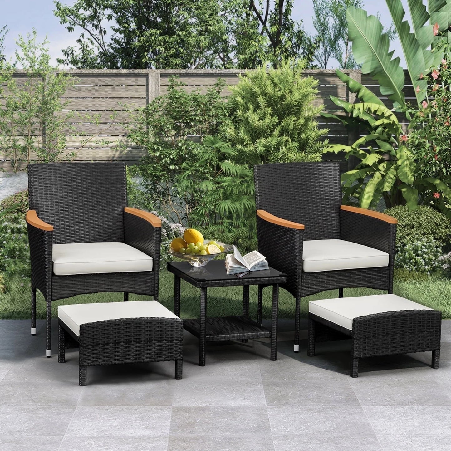 5 Piece Outdoor Patio Furniture Set with Table&Ottoman Outdoor Furniture Patio Set Bistro Wicker Patio Set (Brown Wicker&Khaki Cushion)