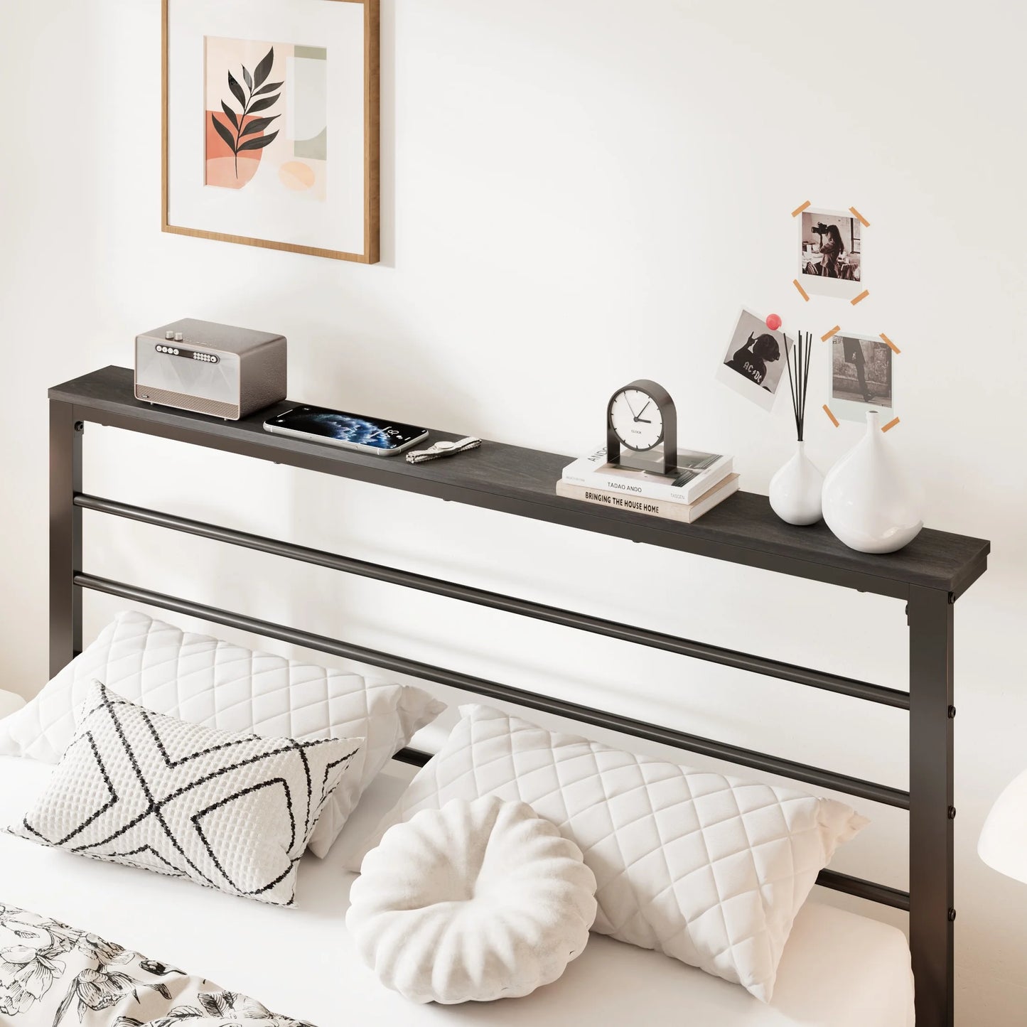 Twin Size Metal Platform Bed Frame with Black Shelf Headboard & Storage, Adult