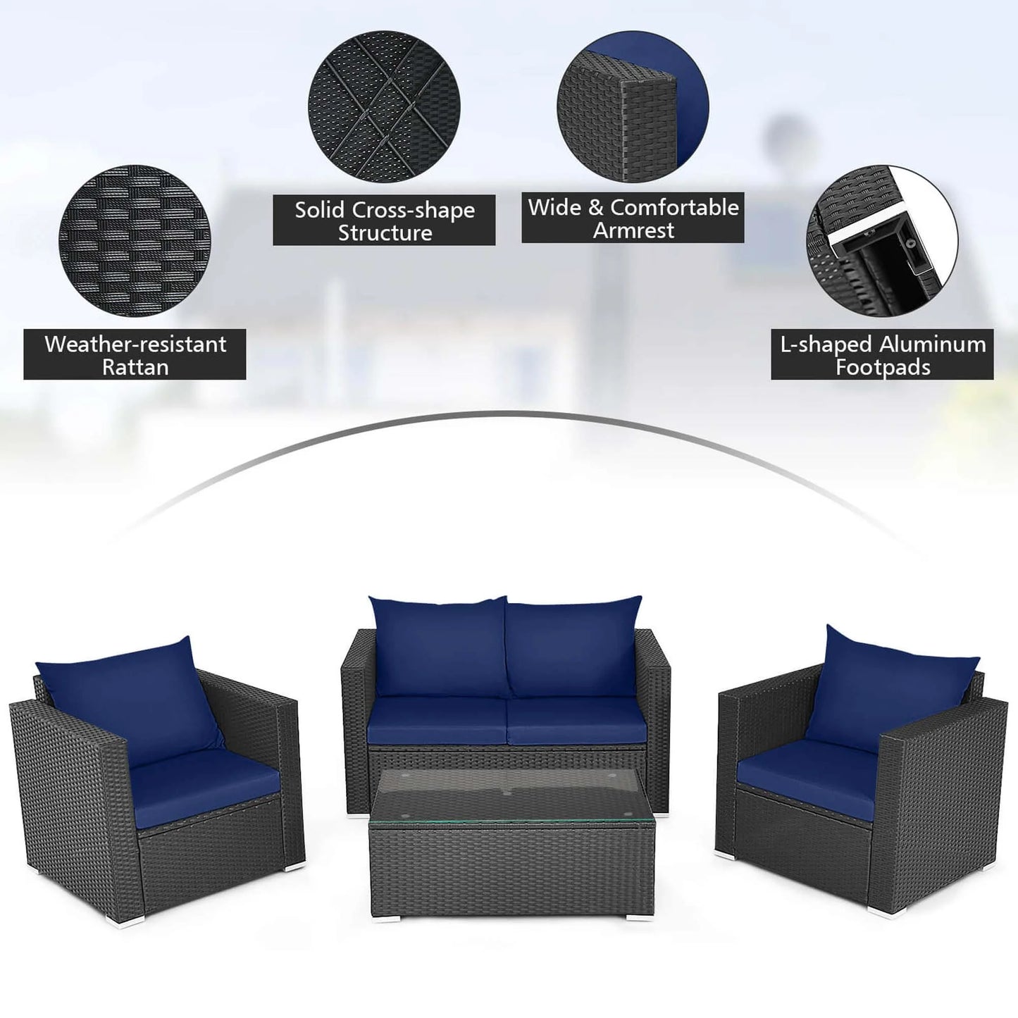 4 PCS Patio Rattan Furniture Set Cushioned Sofa Chair Coffee Table Blue