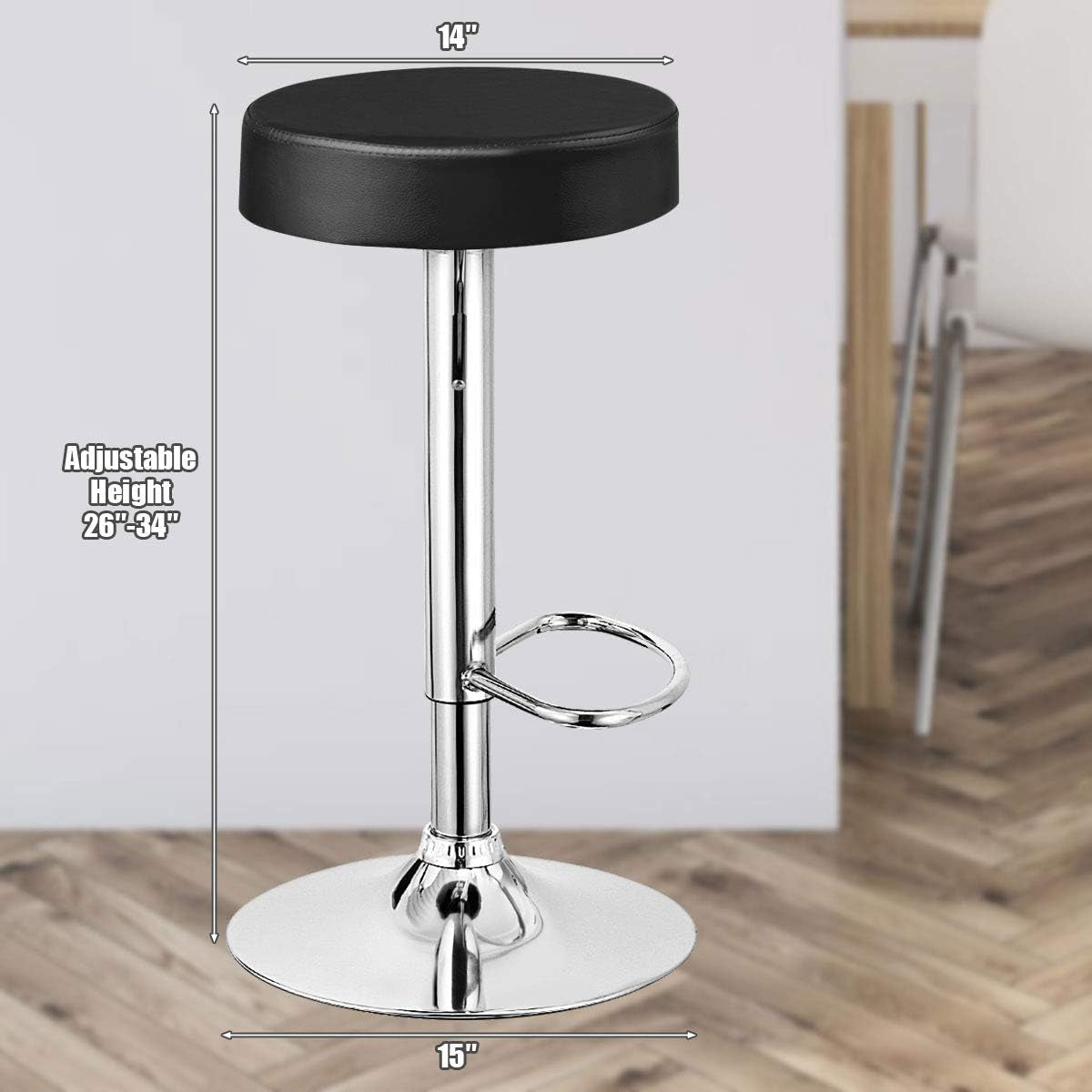 Bar Stool, Modern Swivel Backless round Barstool, PU Leather Armless Bar Chair with Height Adjustable, Chrome Footrest, Sturdy Metal Frame for Kitchen Dining Living Bistro Pub (Black, 1 Pc)