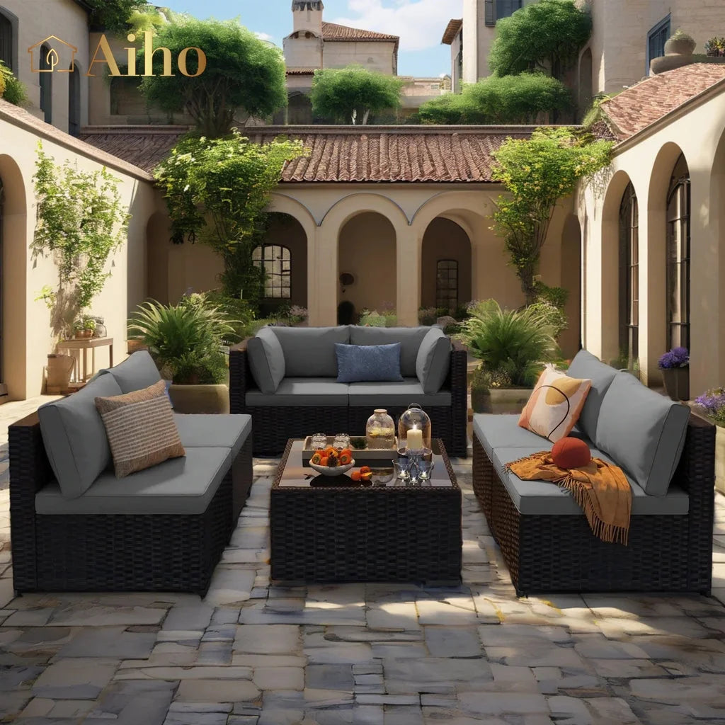 7 Piece Patio Furniture Sets, Outdoor Sectional Sofa with Glass Coffee Table & Cushions for Patio - Beige