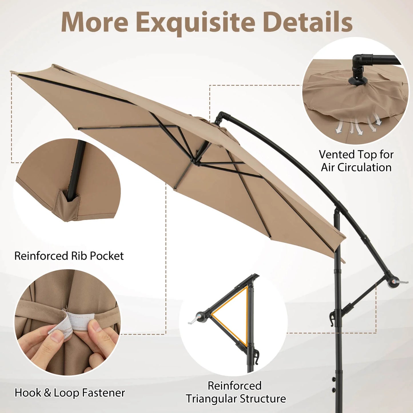 10' Hanging Umbrella Patio Sun Shade Offset Garden Market W/ T Cross Base Tan
