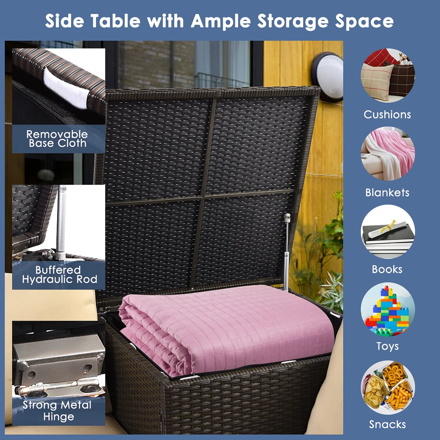4PCS Patio Rattan Furniture Set Cushioned Loveseat Storage Table Navy