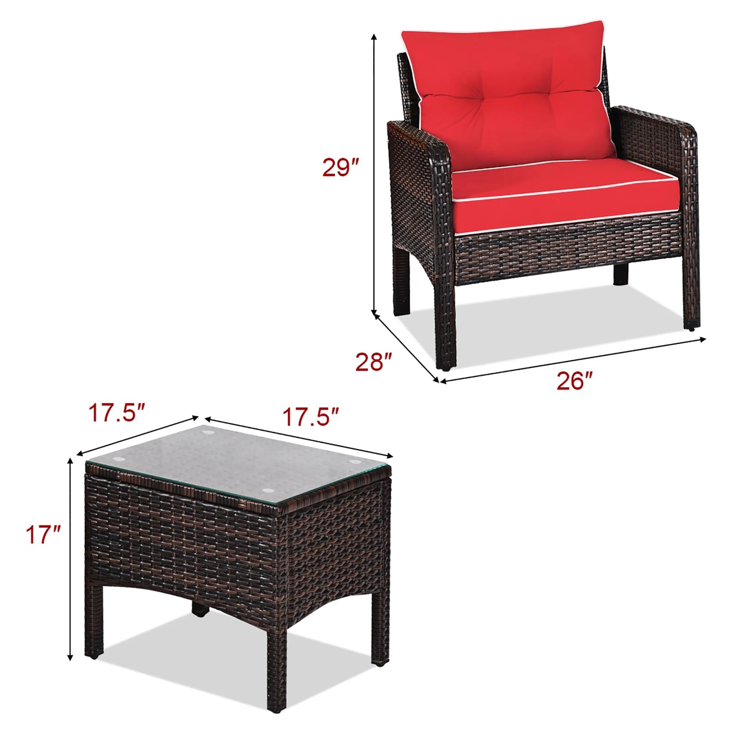 3PCS Outdoor Rattan Conversation Set Patio Furniture Cushioned Sofa Chair Red