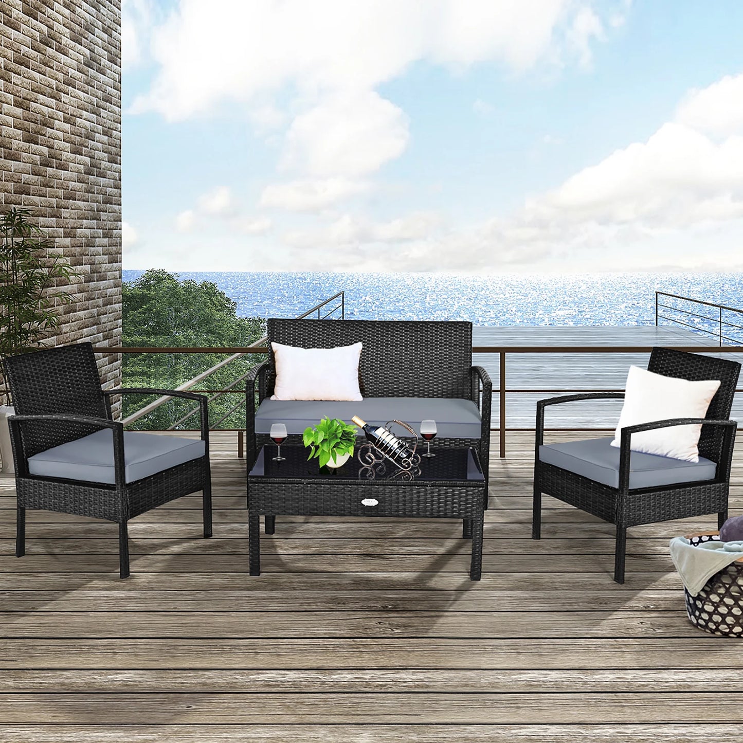 HW63756 4PCS Patio Rattan Furniture Set Garden Deck