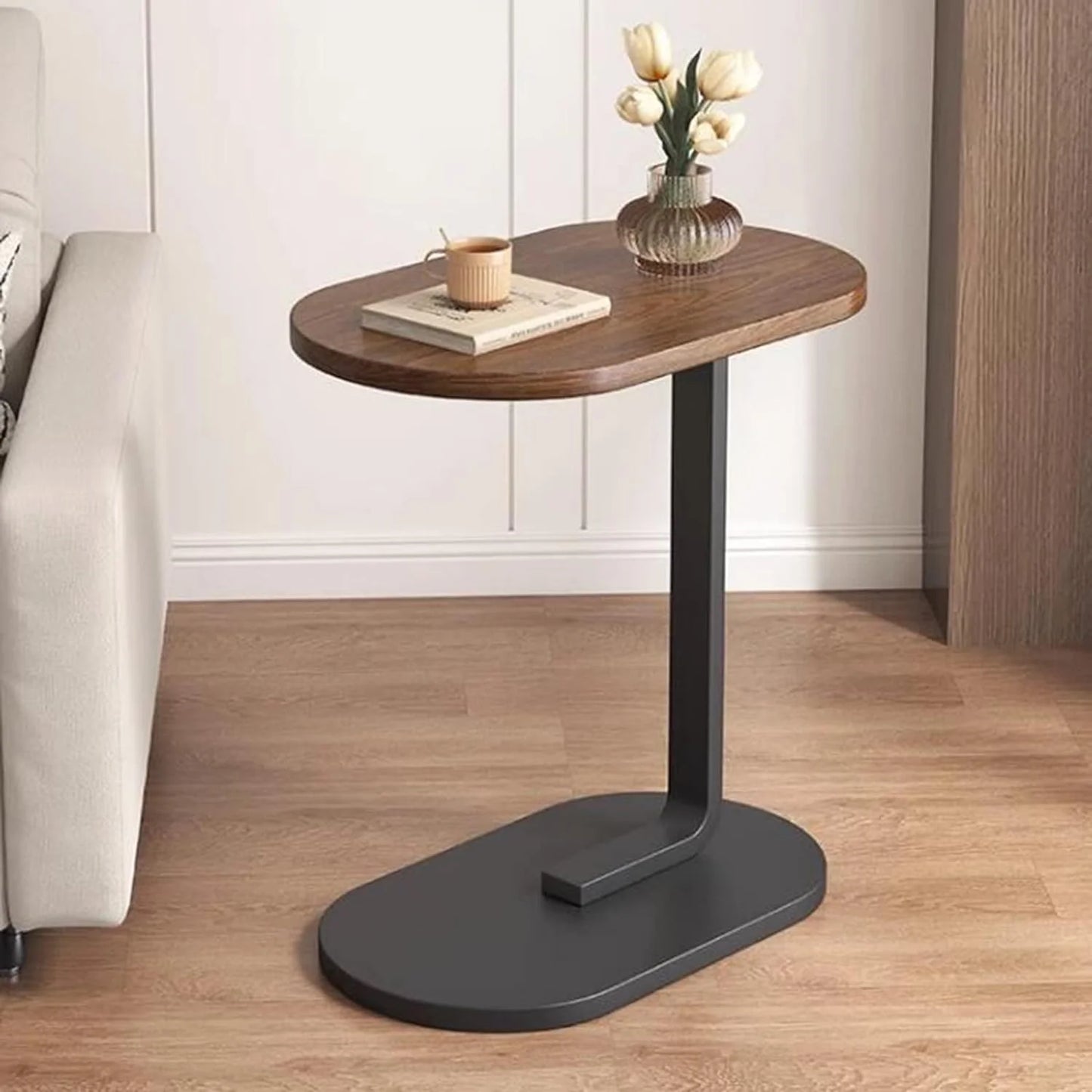 C-Shaped End Table Small Couch Side Table for Sofa Bedside Living Room Bedroom Furniture, 12" W X 18 L X 24.5" H, Walnut & Black