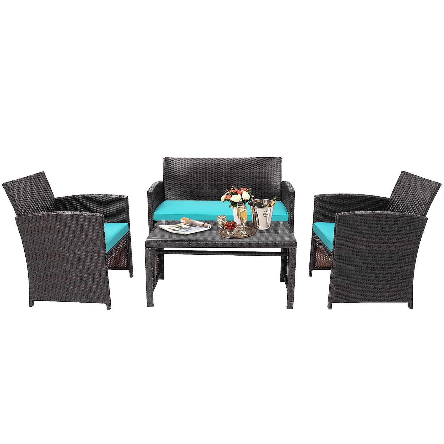 4PCS Patio Rattan Furniture Set Cushioned Chair Sofa Coffee Table Turquoise