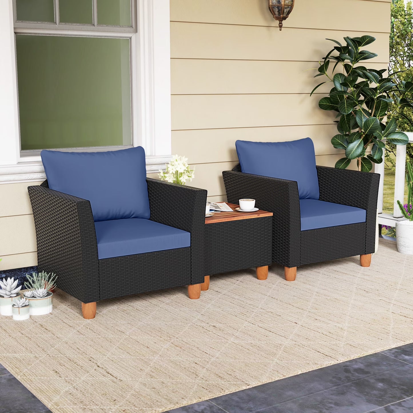 3PCS Outdoor Patio Rattan Furniture Set Wooden Table Cushioned Sofa Turquoise