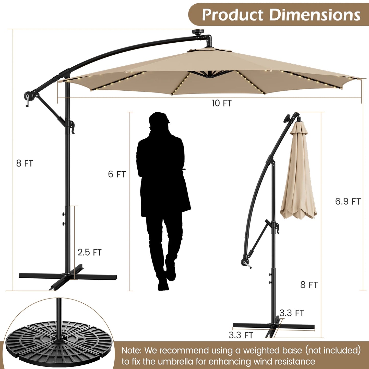 10FT Patio Solar-Lighted 112 LED Cantilever Offset Umbrella Crank Tilt Outdoor Beige