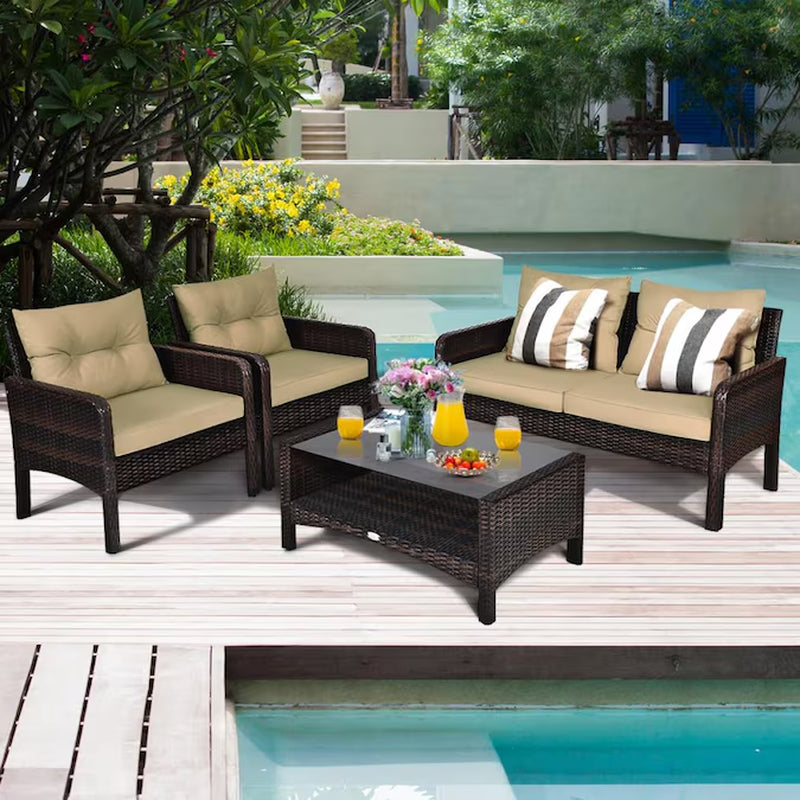 Rattan Outdoor Sofa with Brown Cushions and Steel Frame