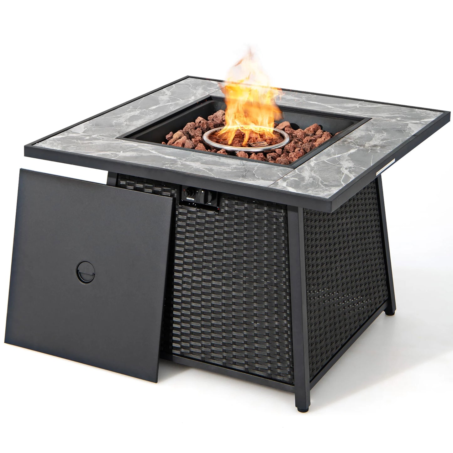 35'' Propane Gas Fire Pit Table Patio PE Wicker Rattan W/ Lava Rocks PVC Cover