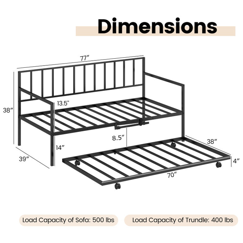 Twin Daybed Set with Metal Slat Support and Roll-Out Trundle