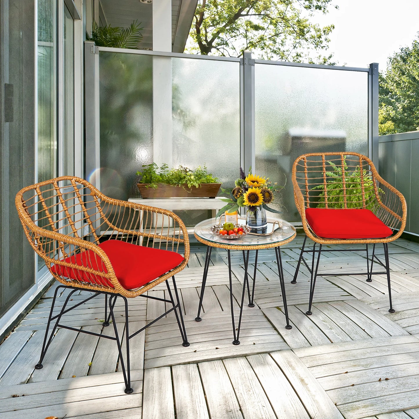 3PCS Patio Rattan Bistro Furniture Set Cushioned Chair Table Grey