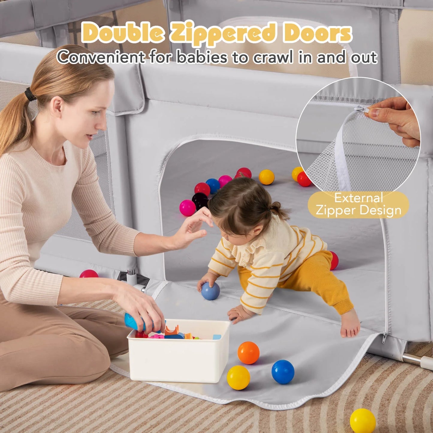 75" X 59" Large Baby Playpen with Breathable Mesh & Zipper Doors Play Yard Fence Gray