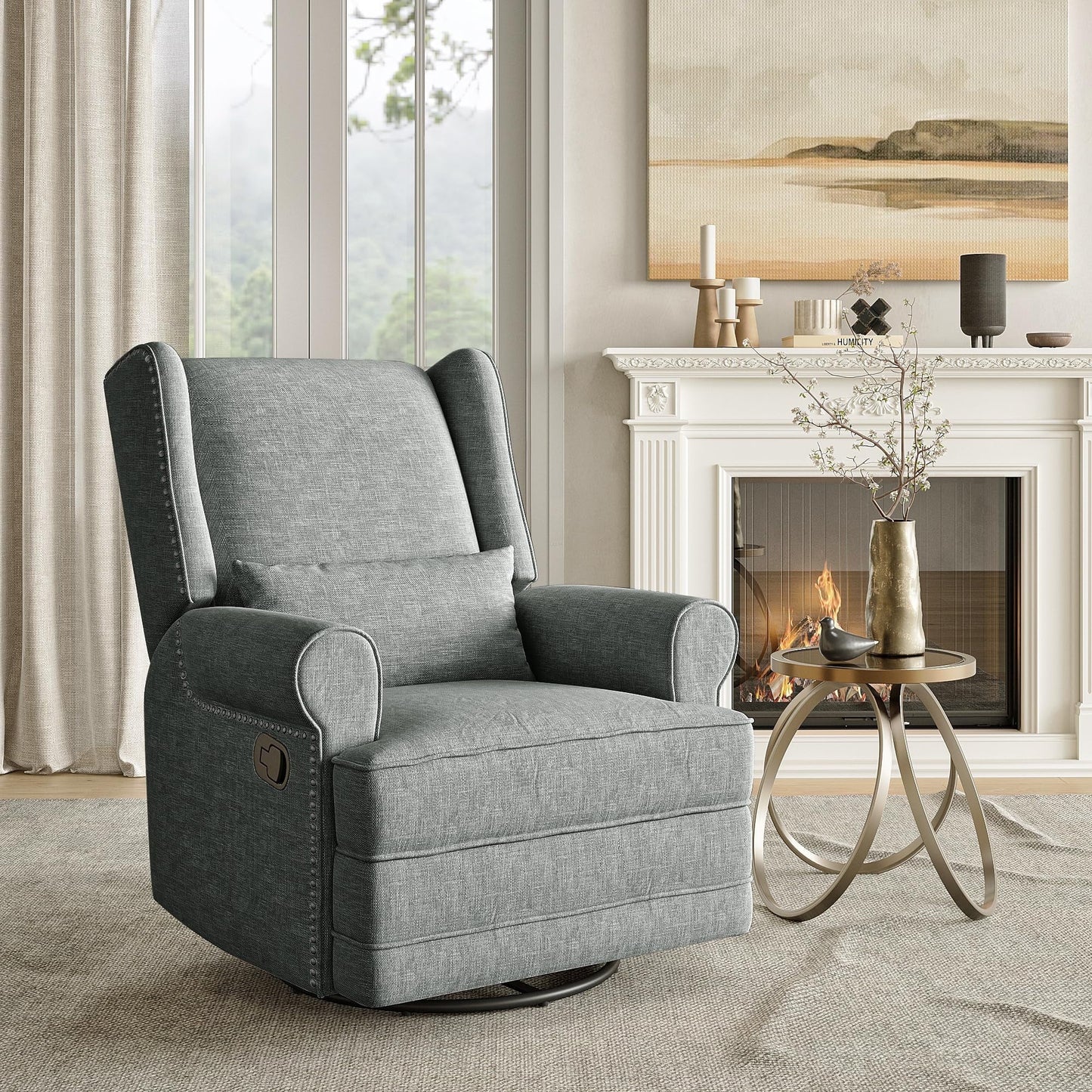 Swivel Nursery Glider Recliner, Comfy Upholstered Glider Chair with Lumbar Pillow and Footrest, Swivel Rocking Chair for Living Room, Grey