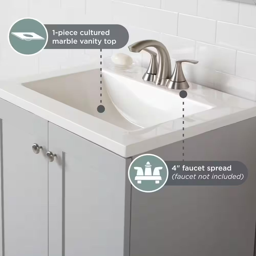 25 In. Single Sink Pearl Gray Bath Vanity with White Cultured Marble Top (Assembled)