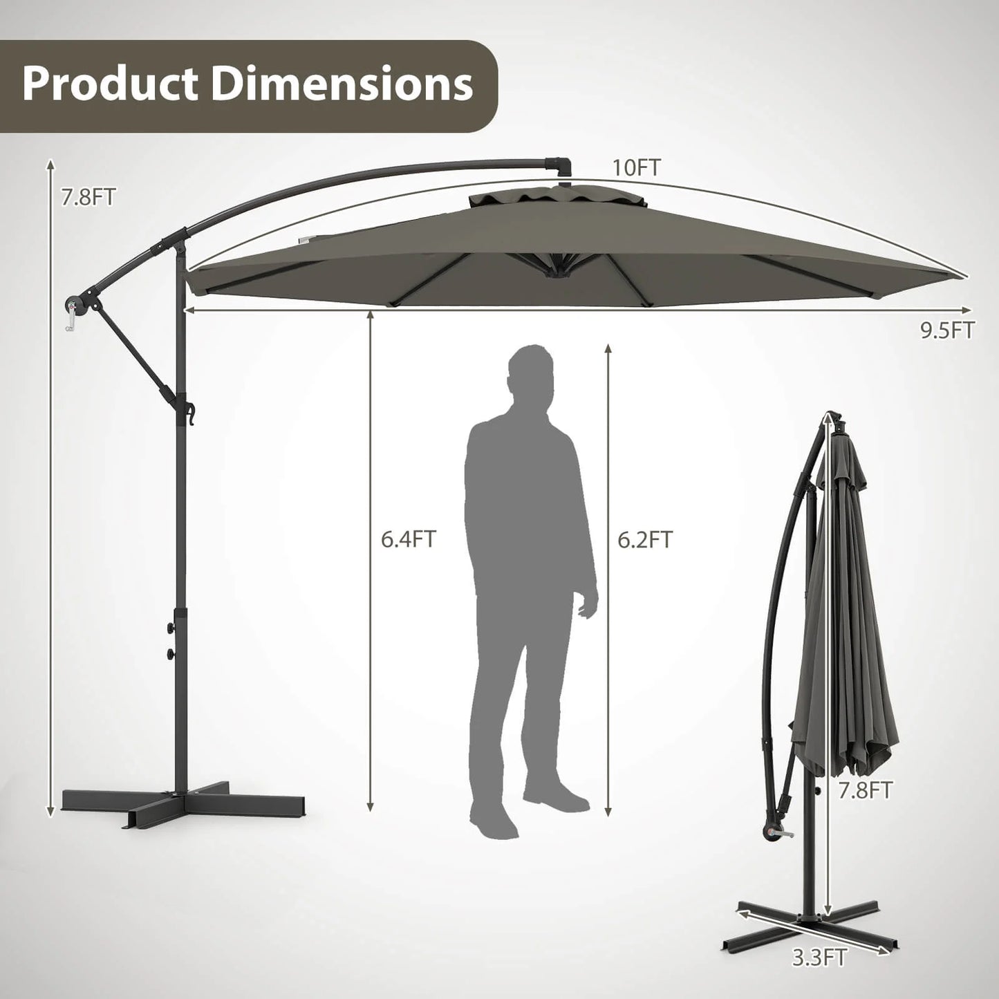 10 FT Patio Offset Umbrella W/8 Ribs Cross Base Tilt Grey