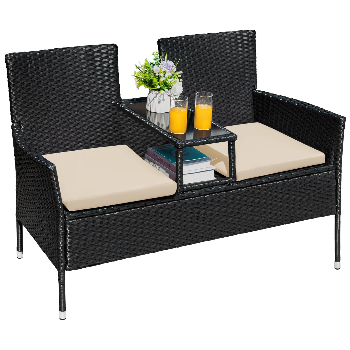 Outdoor Patio Loveseat Modern Rattan Patio Conversation Furniture Set with Cushions and Built-In Coffee Table Porch Furniture for Garden Lawn Backyard, Red