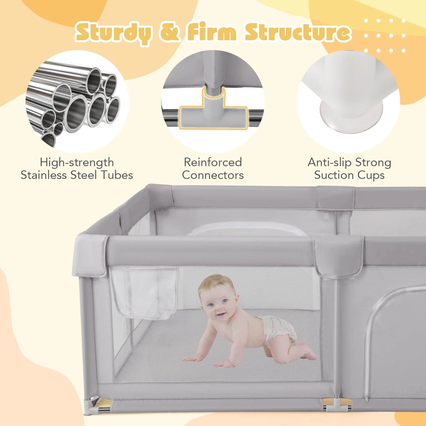 75" X 59" Large Baby Playpen with Breathable Mesh & Zipper Doors Play Yard Fence Gray
