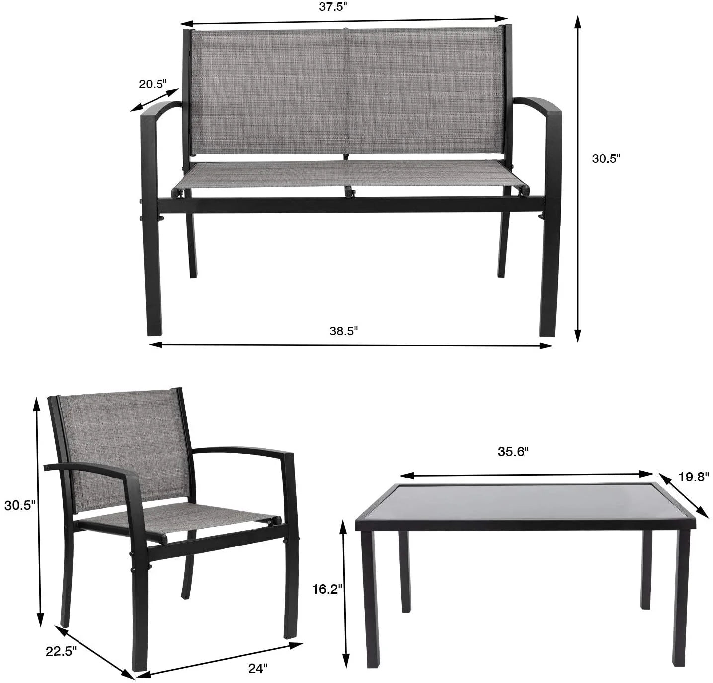 4 Pieces Patio Furniture Outdoor Furniture Outdoor Patio Furniture Set Textilene Bistro Set Modern Conversation Set Black Bistro Set with Loveseat Tea Table, Grey