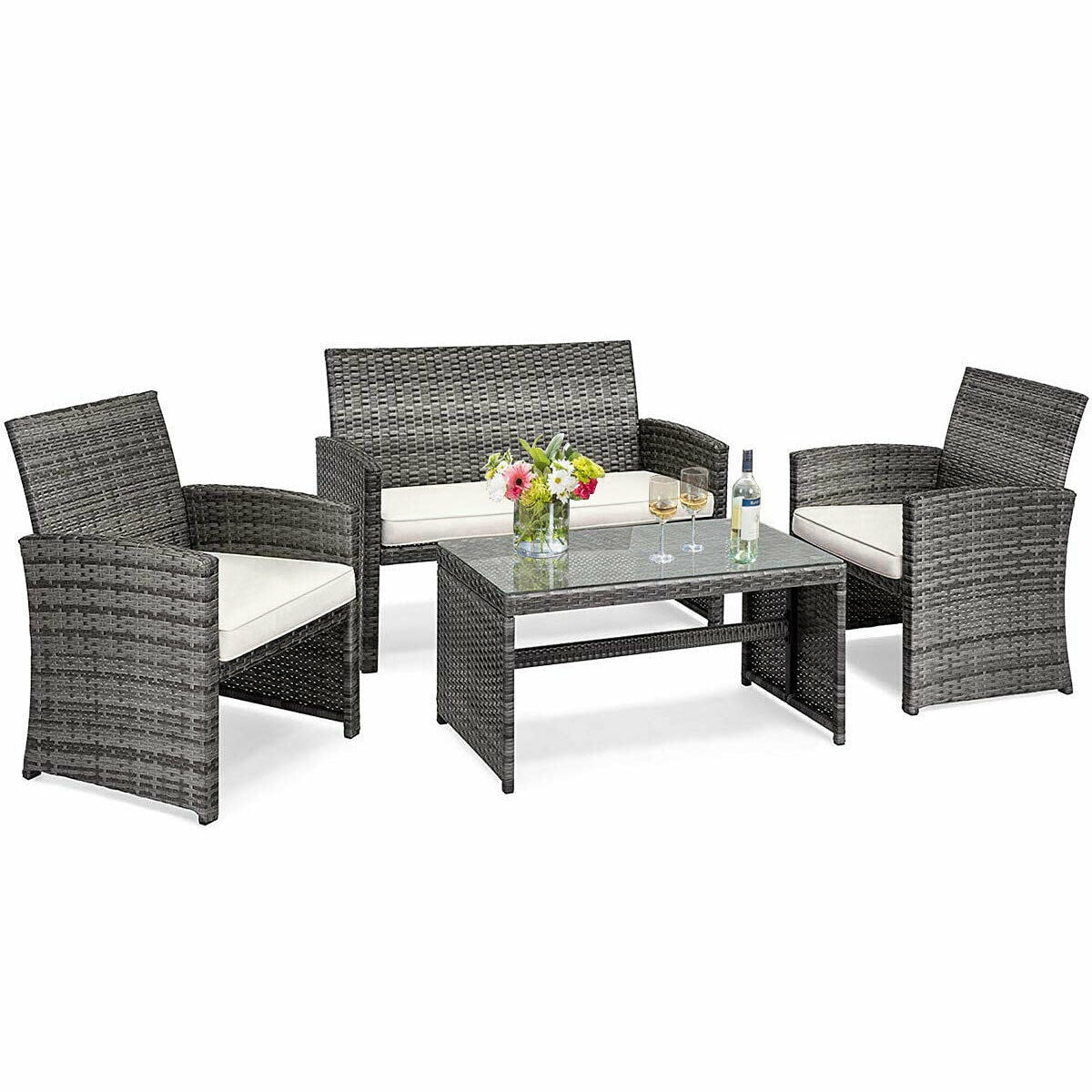 4PCS Rattan Patio Furniture Set Garden Sofa Cushioned Seat Mix Gray Wicker
