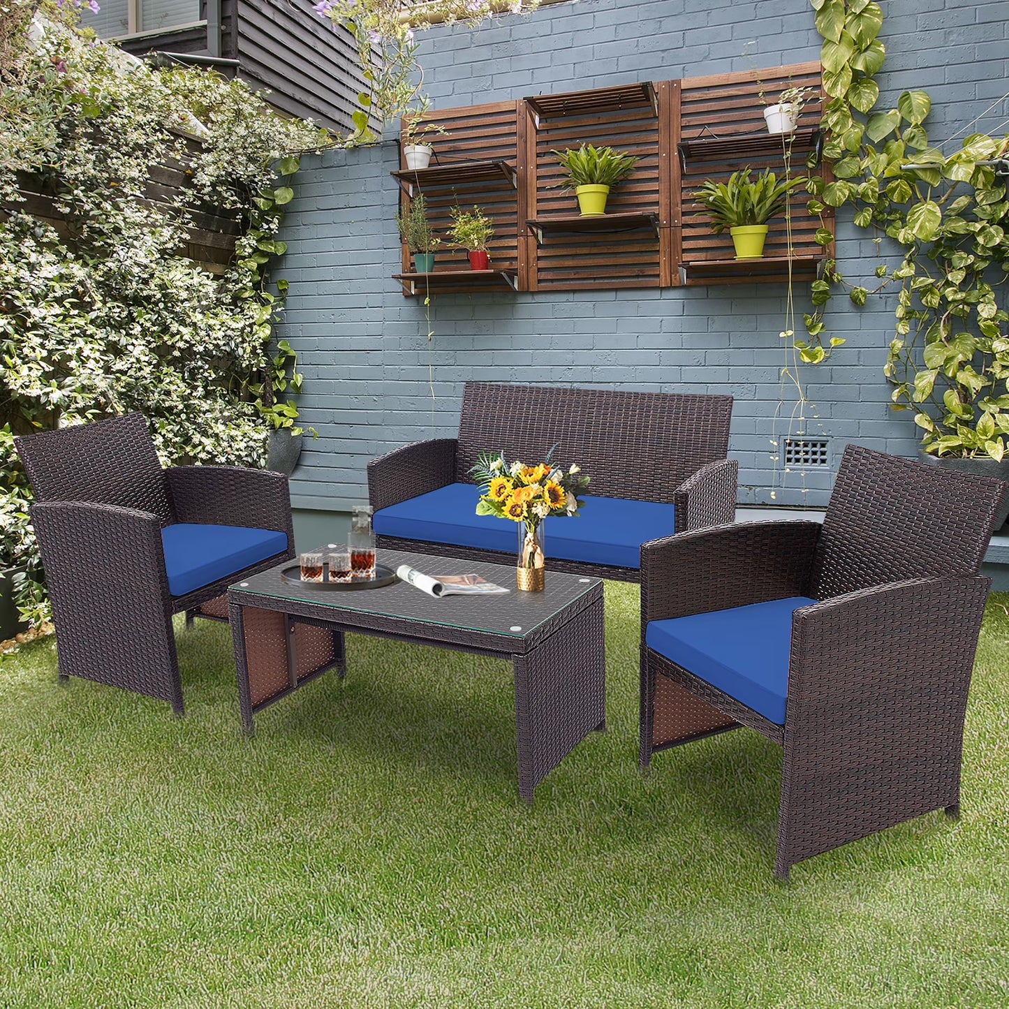 4PCS Patio Rattan Furniture Set Cushioned Chair Sofa Coffee Table Turquoise
