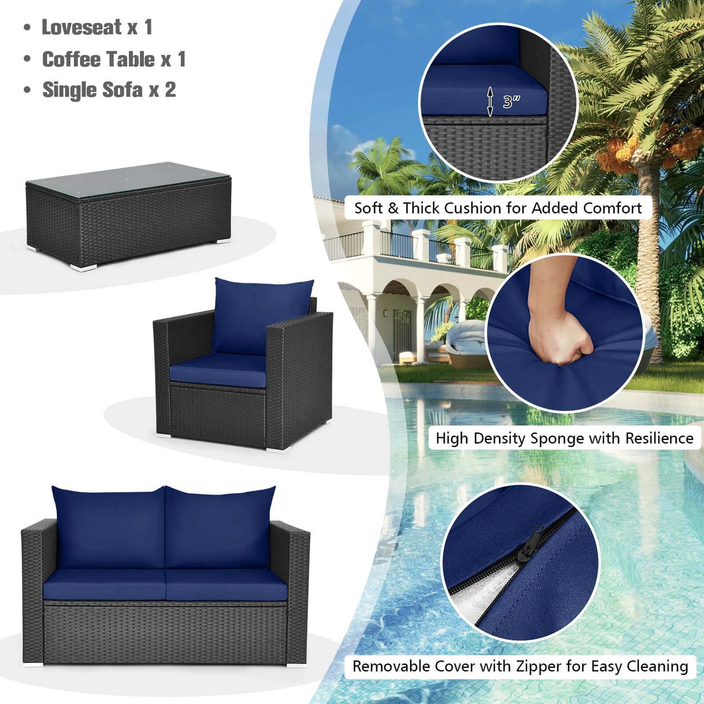 4 PCS Patio Rattan Furniture Set Cushioned Sofa Chair Coffee Table Blue
