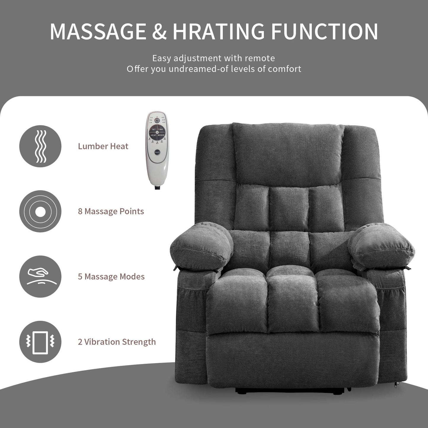 Power Lift Recliner Chair Recliners for Elderly with Heat and Massage Recliner Chair for Living Room with Infinite Position and Side Pocket,Usb Charge Port,Grey