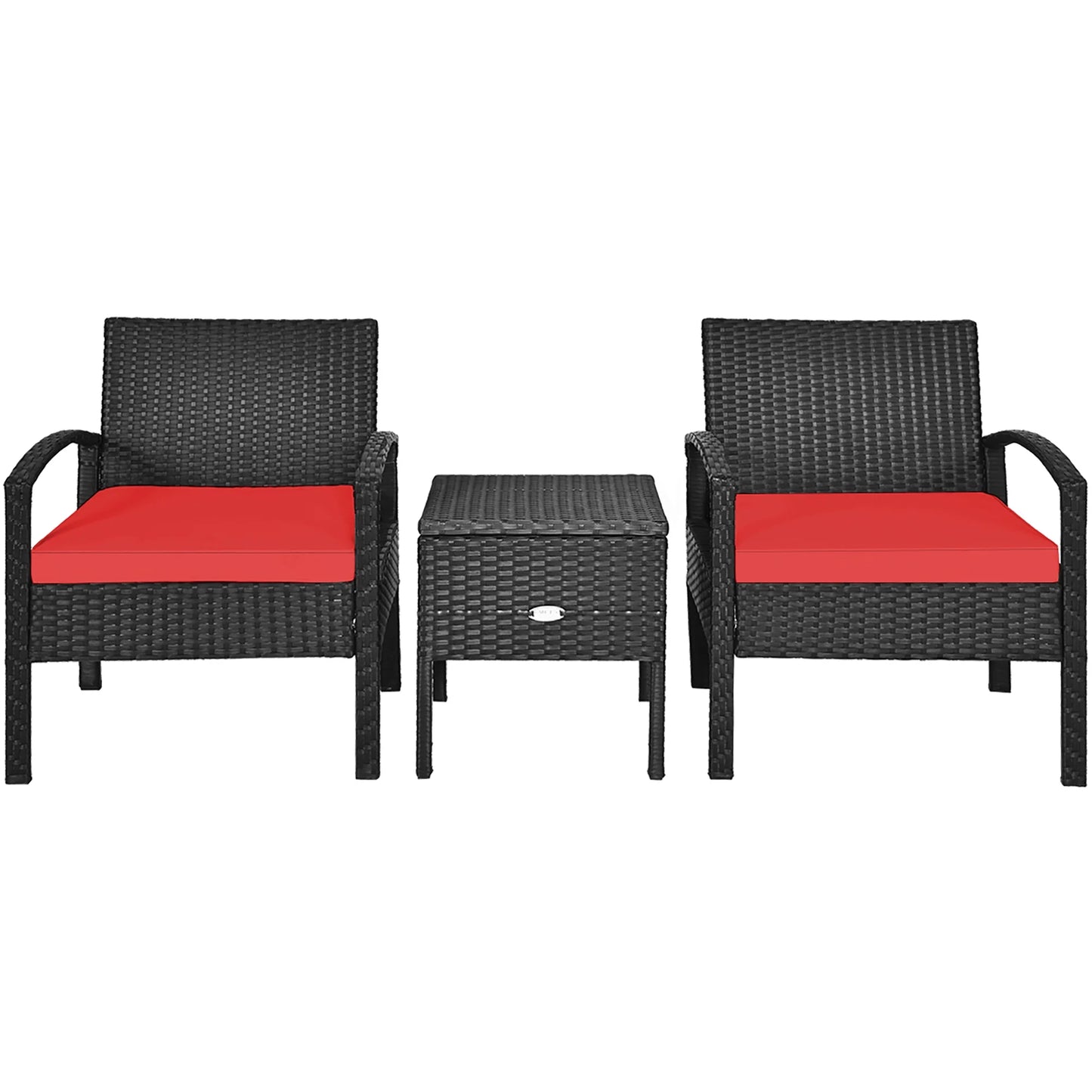 3PCS Patio Rattan Furniture Set Storage Table Cushioned Sofa Deck Red
