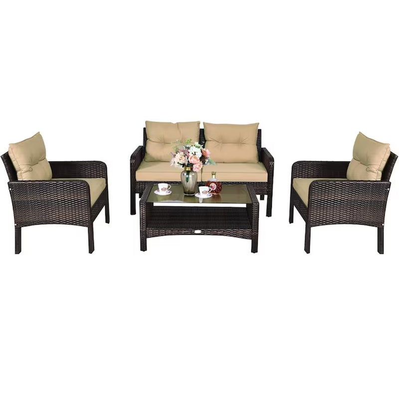 Rattan Outdoor Sofa with Brown Cushions and Steel Frame
