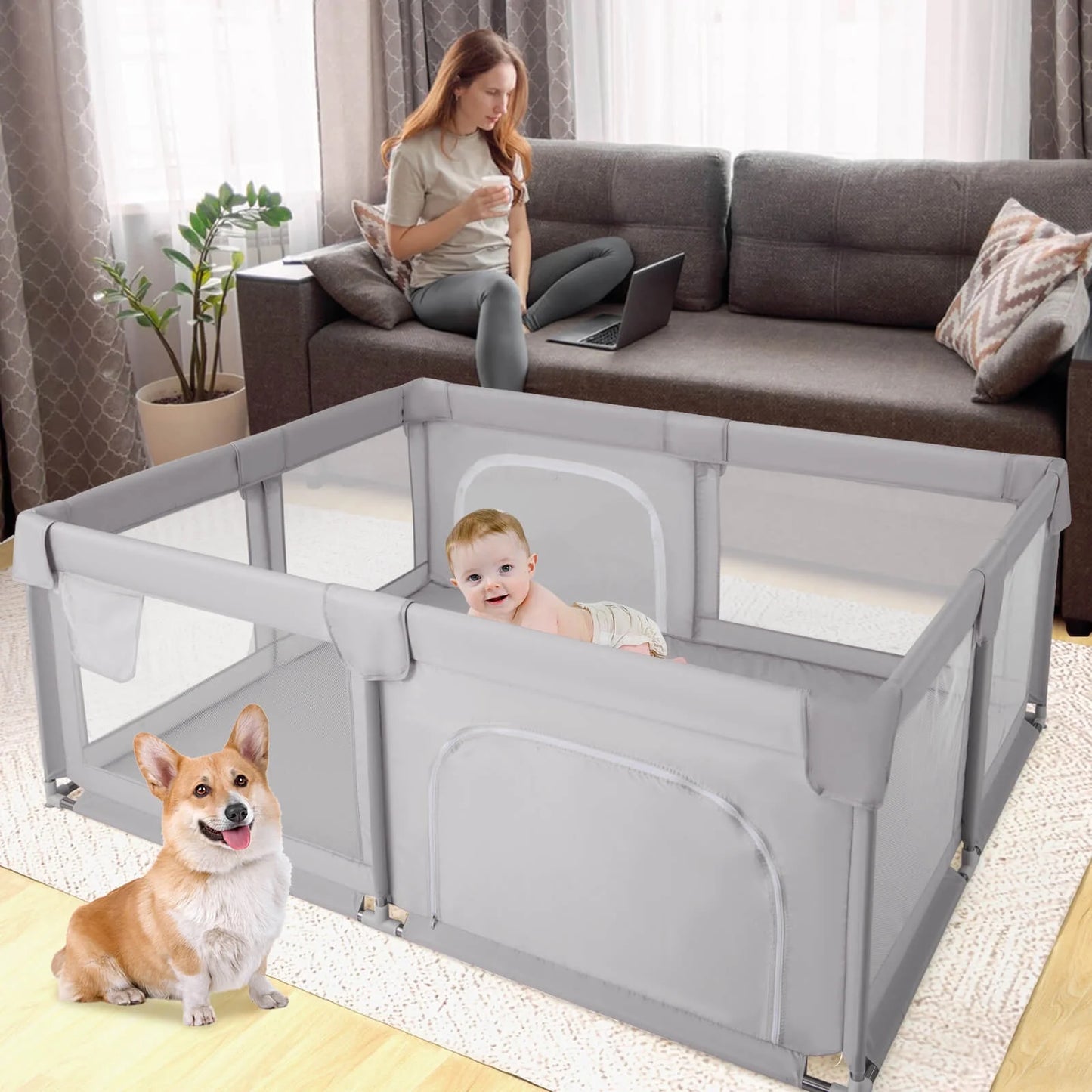 75" X 59" Large Baby Playpen with Breathable Mesh & Zipper Doors Play Yard Fence Gray