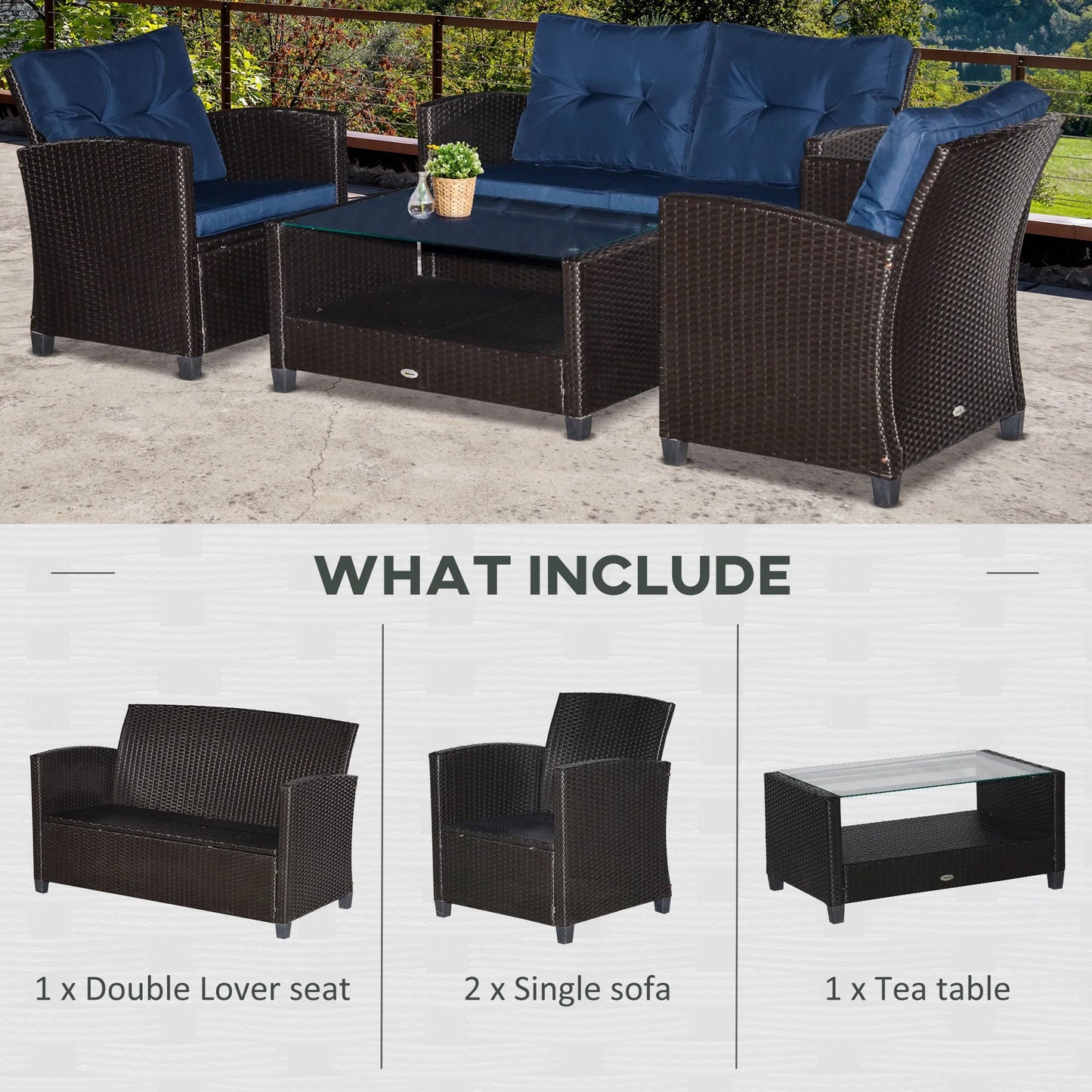 Outsunnny 4 Piece Patio Furniture Set, Outdoor Wicker Loveseat Sofa & Chairs, with 2-Tier Coffee Table & Tufted Cushions, Navy Blue