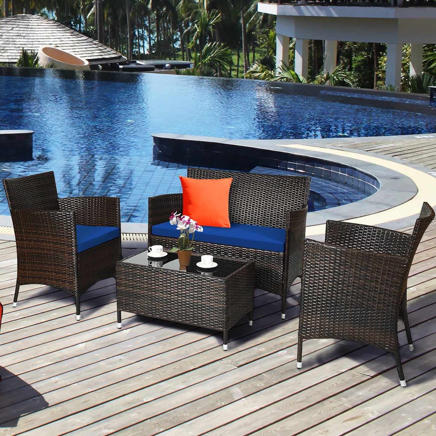 4PCS Rattan Patio Furniture Set Cushioned Sofa Chair Coffee Table Navy