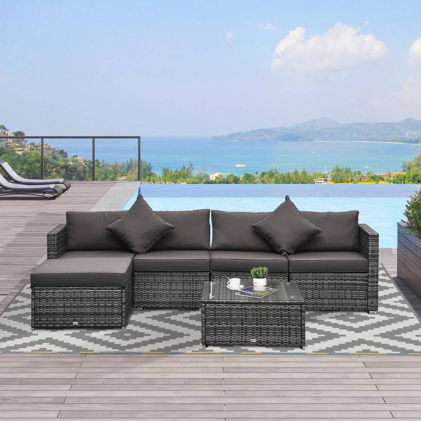 6 Pieces Patio Furniture Sets Outdoor Wicker All Weather PE Rattan Sectional Sofa Set with Ottoman, Cushions & Tempered Glass Desktop, Gray