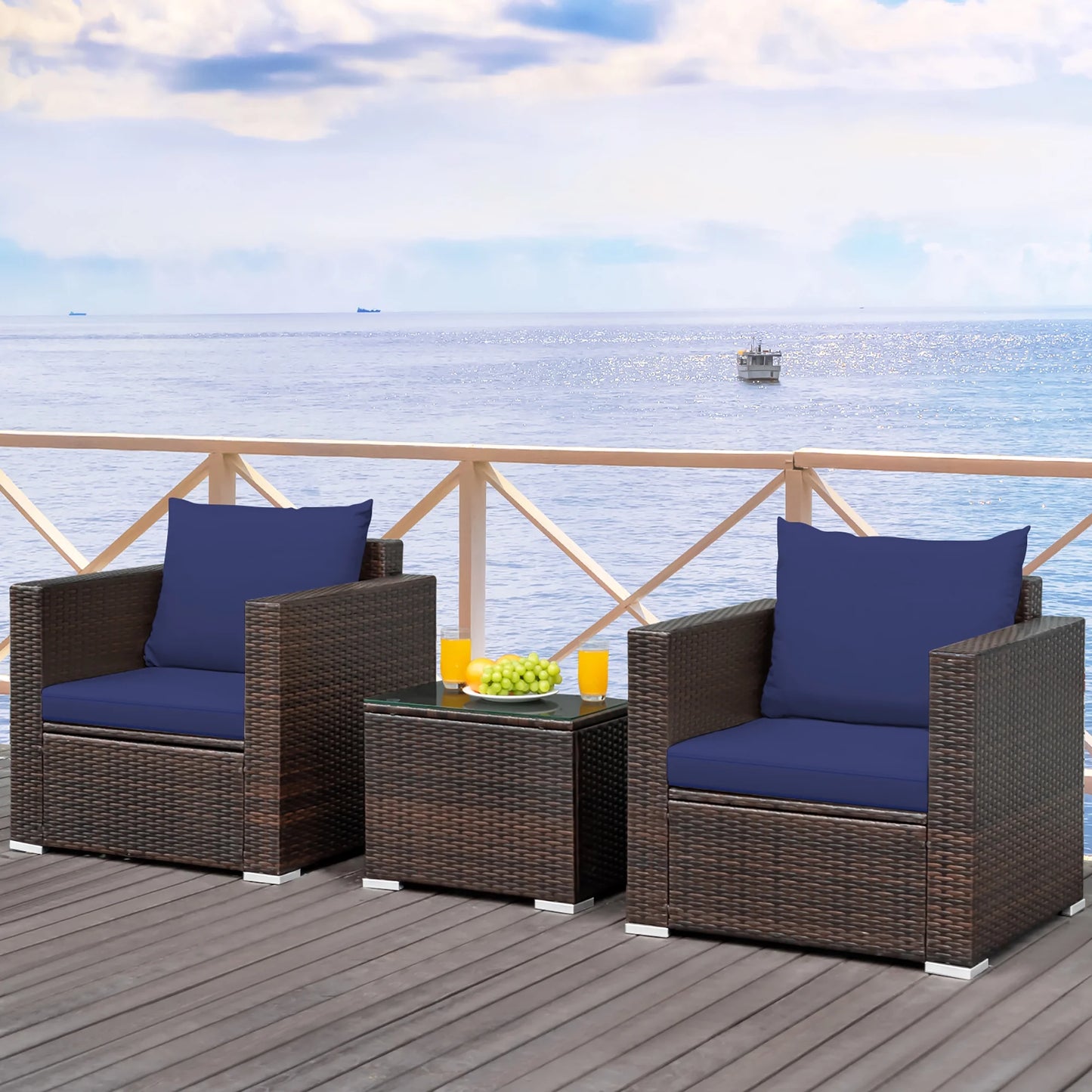 3PCS Patio Rattan Furniture Set Conversation Sofa Cushioned Garden Red