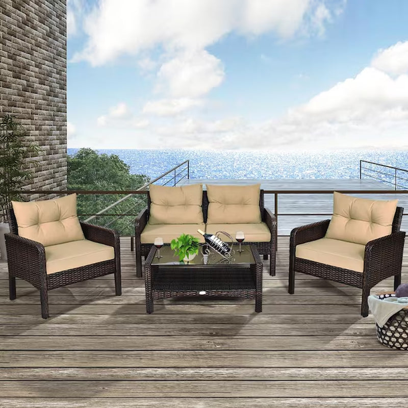 Rattan Outdoor Sofa with Brown Cushions and Steel Frame
