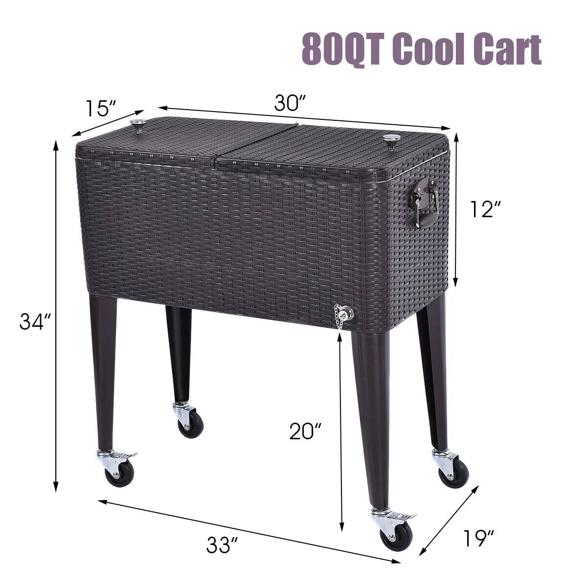 Outdoor Rattan 80QT Party Portable Rolling Cooler Cart Ice Beer Beverage Chest
