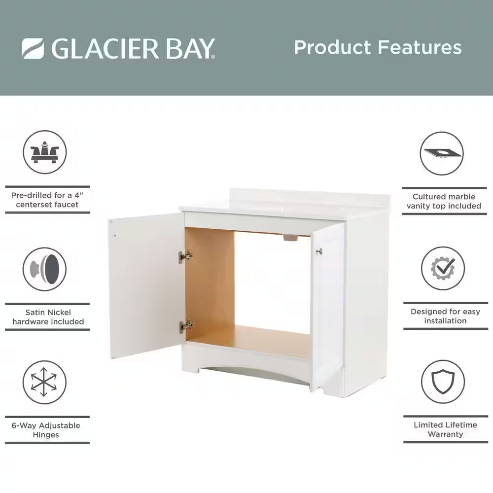 37 In. Single Sink White Bath Vanity with Cultured Marble Top (Assembled)